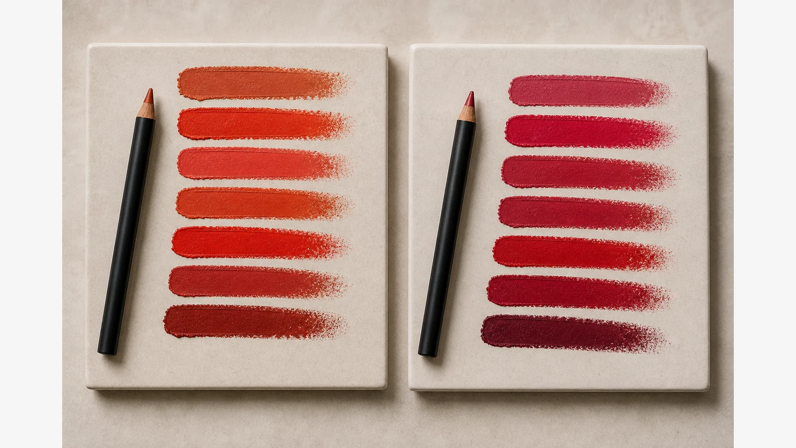 Warm and cool red lipstick swatches paired with lip liner colour families