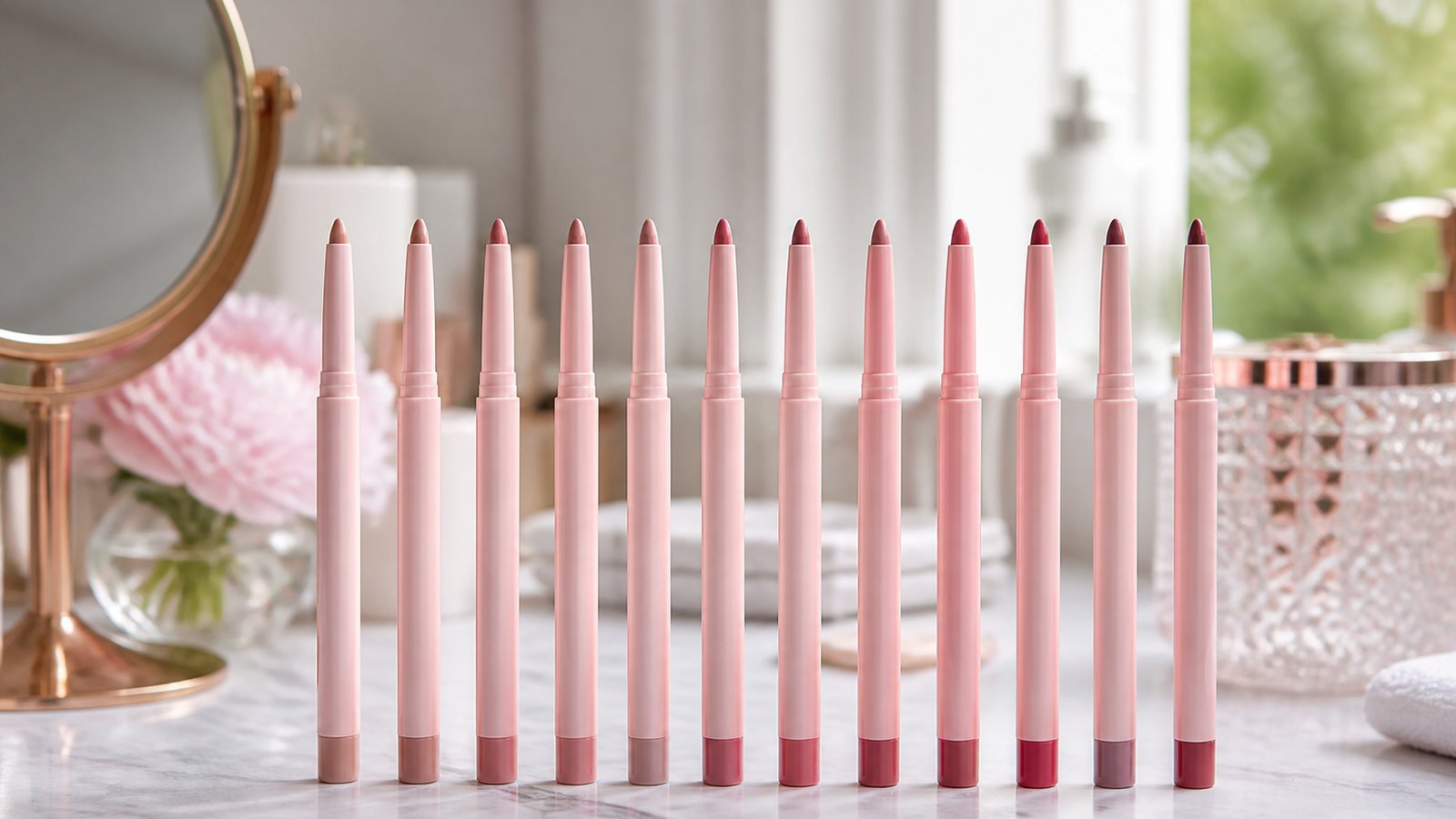 Coordinated nude to pink retractable lip liner tips lined up