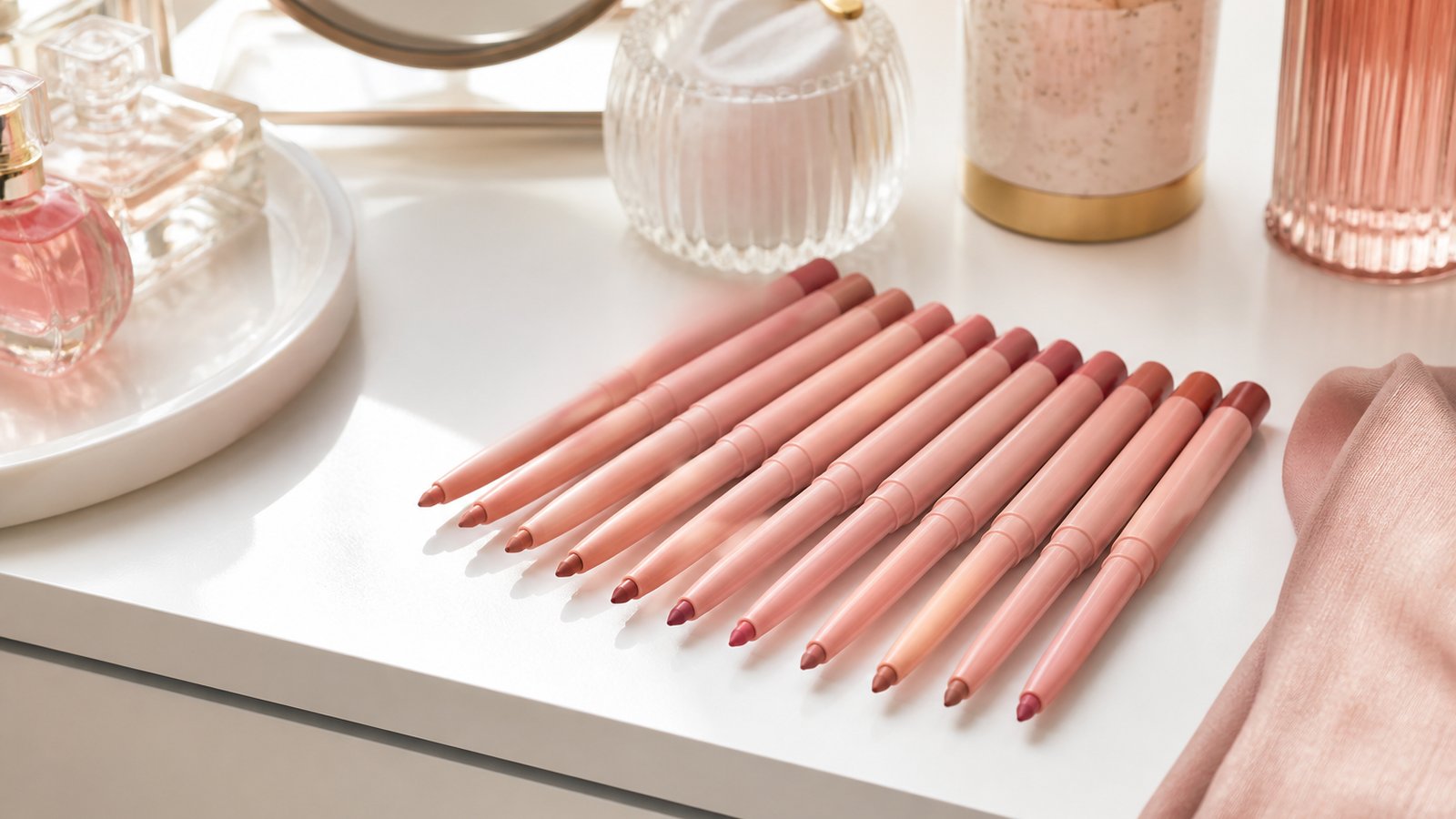 Pink nude twist-up lip liners fanned as a starter kit