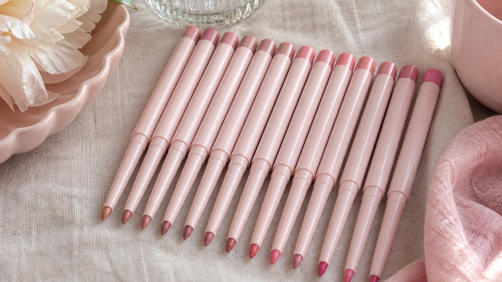 Budget beauty flat-lay of twelve soft pink twist-up liners