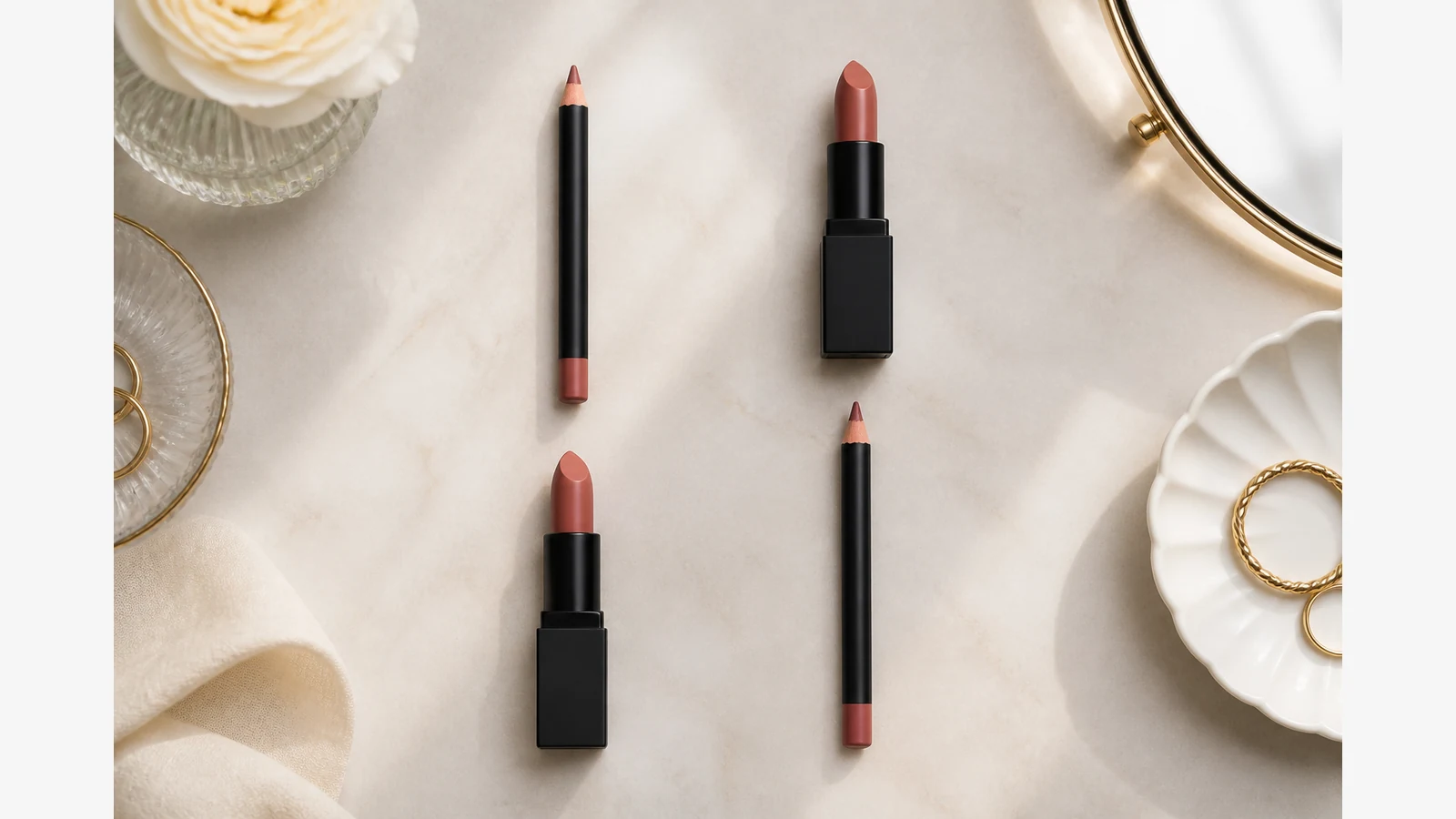 Two application sequences comparing lip liner before and after lipstick