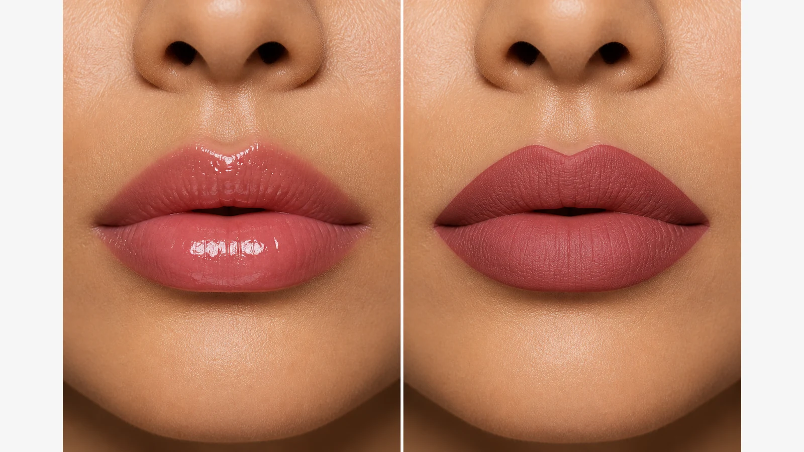Gloss and matte lip finishes shown with different lip liner edge treatments