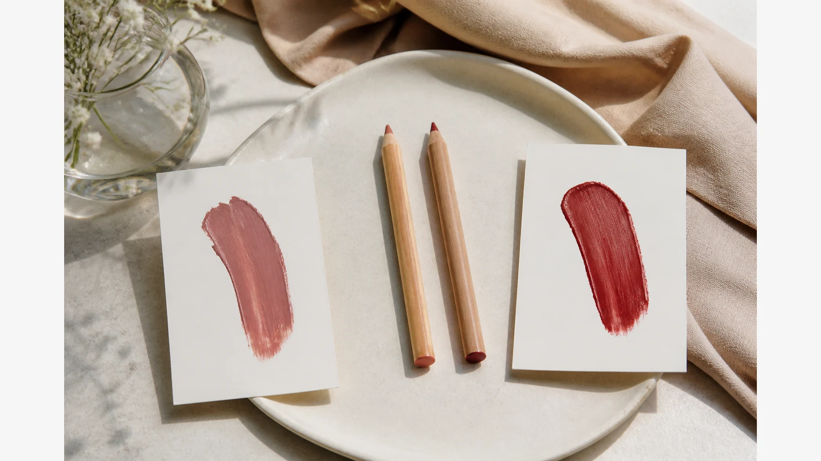Natural lip colour and lipstick swatches used to choose a lip liner reference